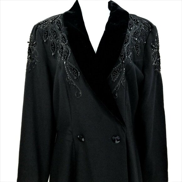 Nancy Johnson Vintage Black Wool Dress S M Velvet Collar Beaded Embellished Long - Picture 3 of 10